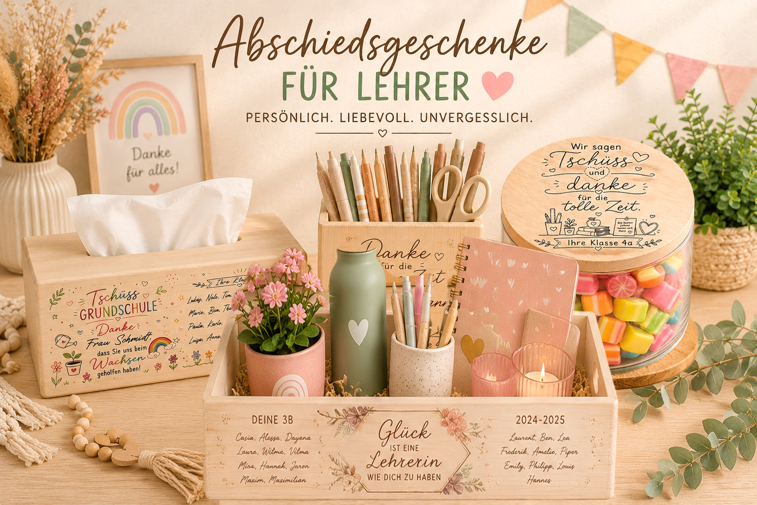Personalisierte Abschiedsgeschenke für Lehrer mit Vorratsglas, Stiftehalter aus Holz, Holzkiste und Taschentuchbox als individuelles Klassengeschenk zum Schulabschluss und Grundschulabschied