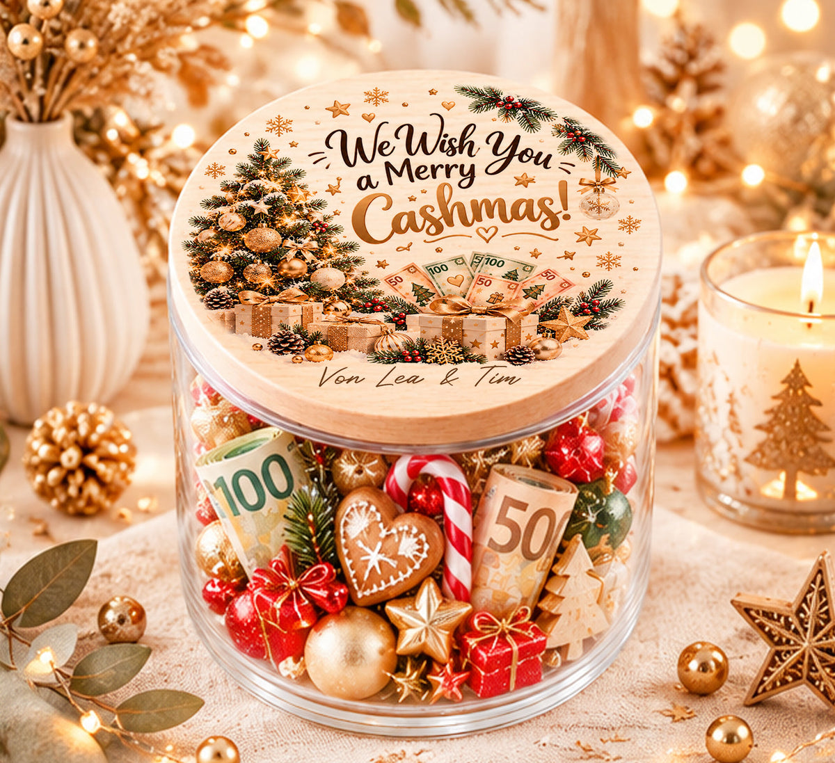 Kreative Geldgeschenke zu Weihnachten in personalisierten Gläsern mit festlichen Motiven