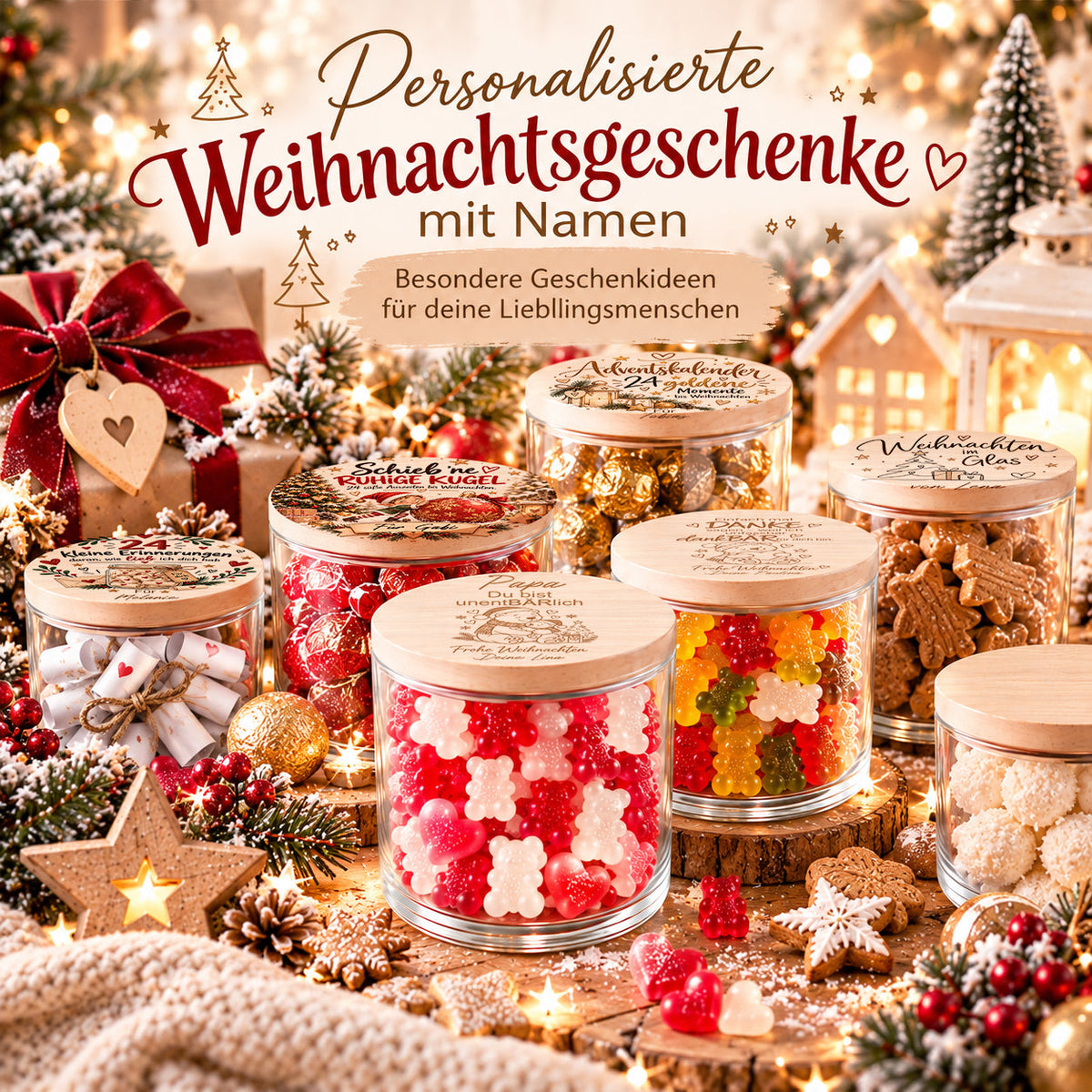 Personalisierte Weihnachtsgeschenke für Mama, Papa, Oma und Opa – Vorratsgläser mit Holzdeckel und Weihnachtsmotiven