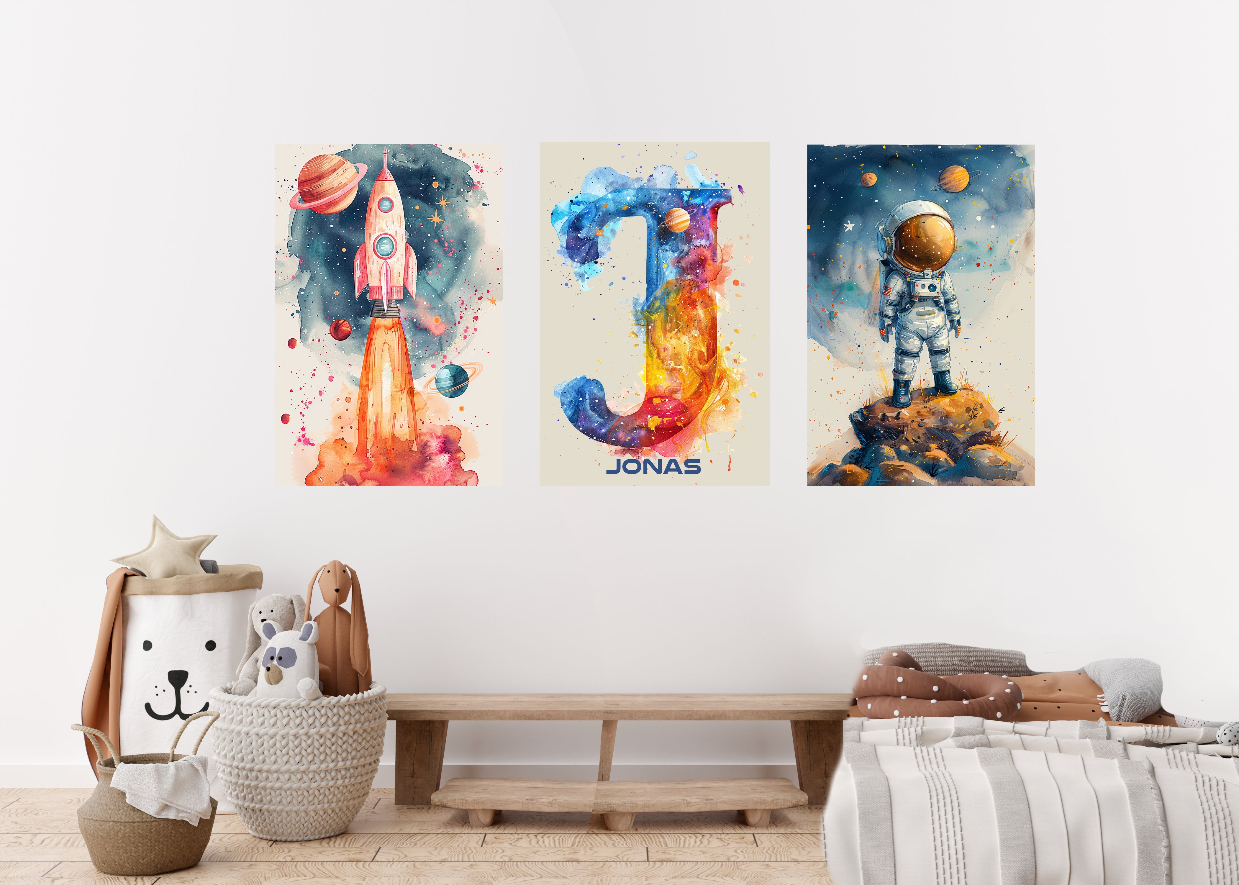 Kinderzimmer Bilder, 3er Set, Astronaut, Weltall