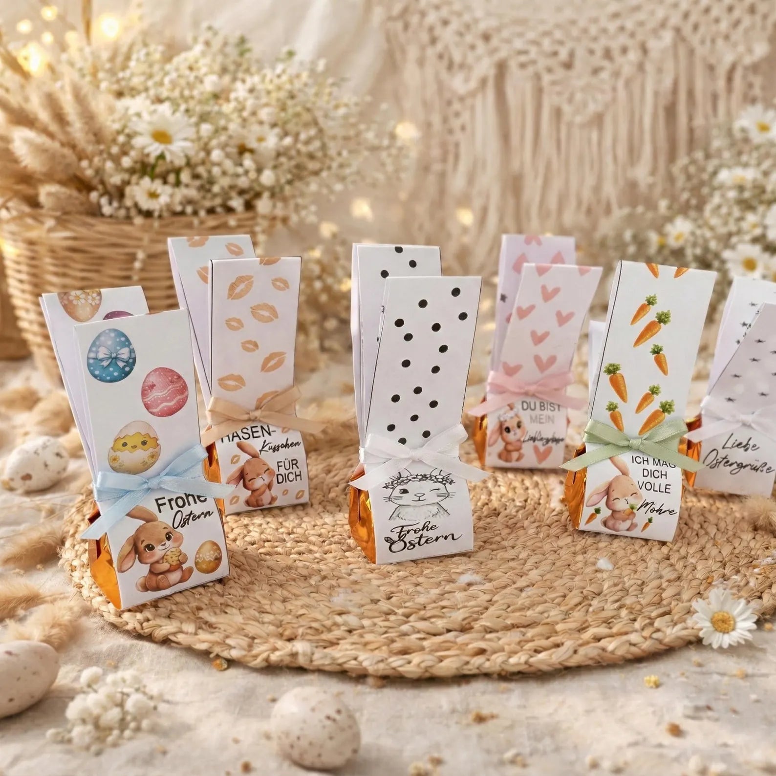 Ostern Druckvorlage Hasen Banderolen PDF Ferrero Küsschen Verpackung Ostermitbringsel DIY Osterkörbchen Geschenkidee Ostern Printable