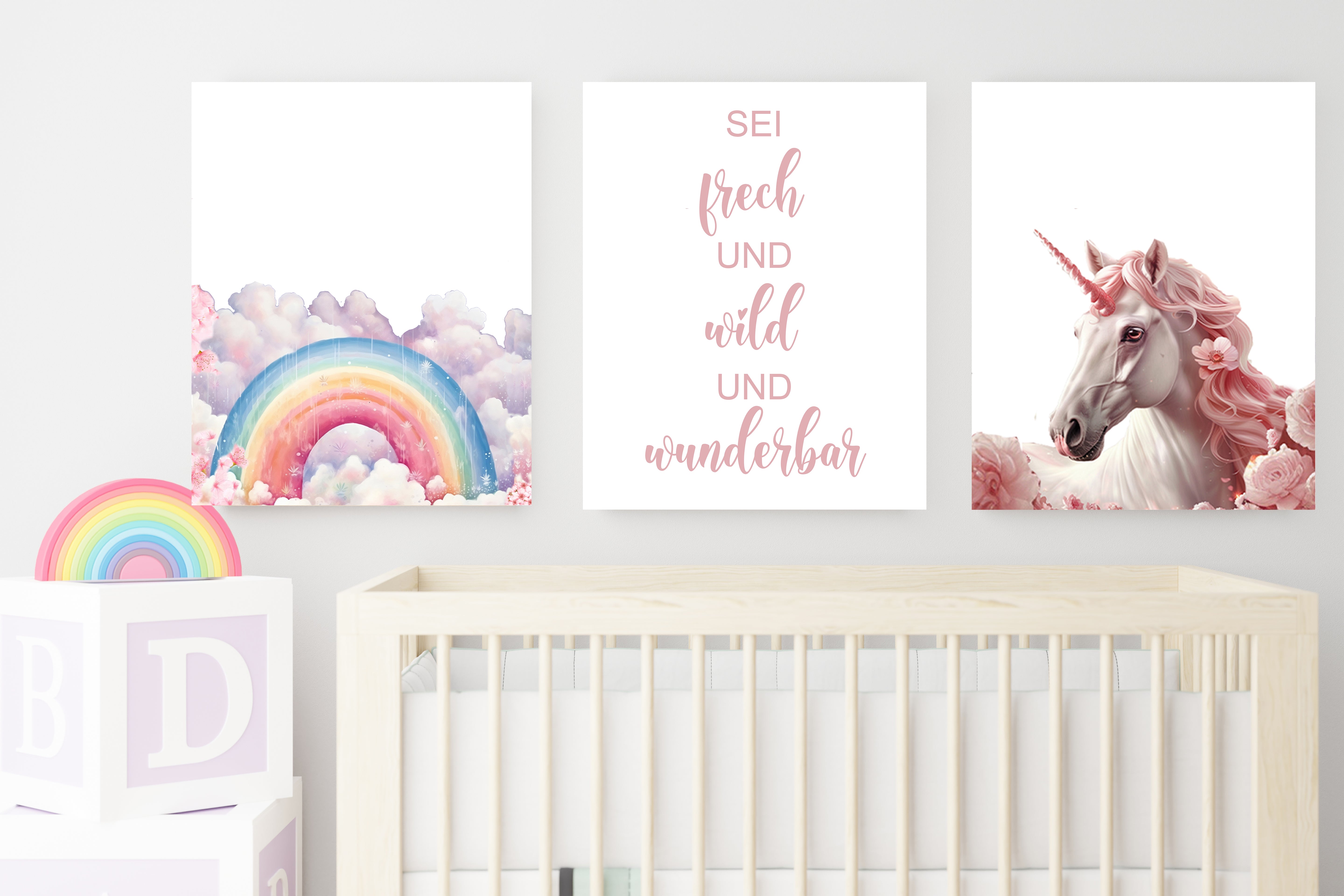 Kinderzimmer Bilder, 3er Set, Regenbogen, sei frech und wild und wunderbar, Einhorn