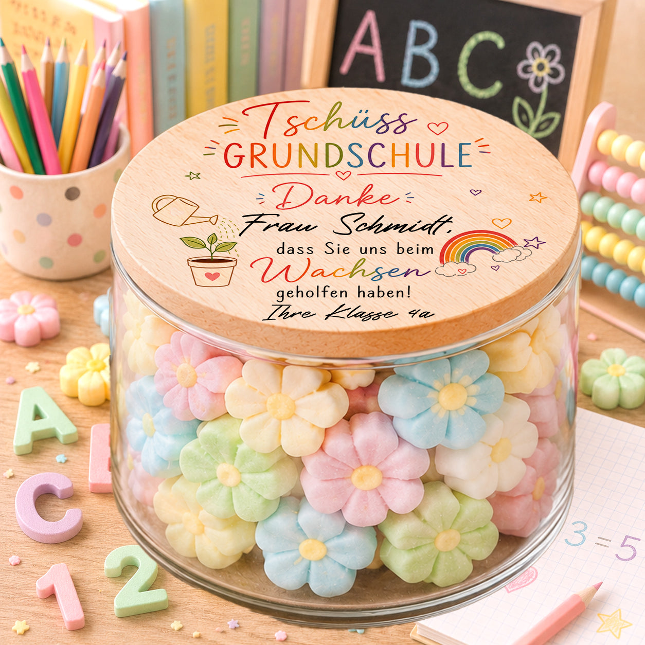 Personalisiertes Abschiedsgeschenk für die Grundschule mit graviertem Holzdeckel als Lehrer Geschenk zum Schulwechsel