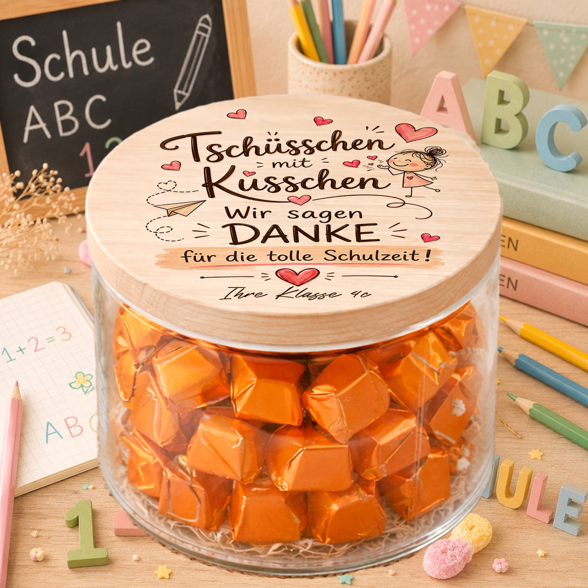 Personalisiertes Abschiedsgeschenk Schule mit Ferrero Küsschen im Vorratsglas und graviertem Holzdeckel
