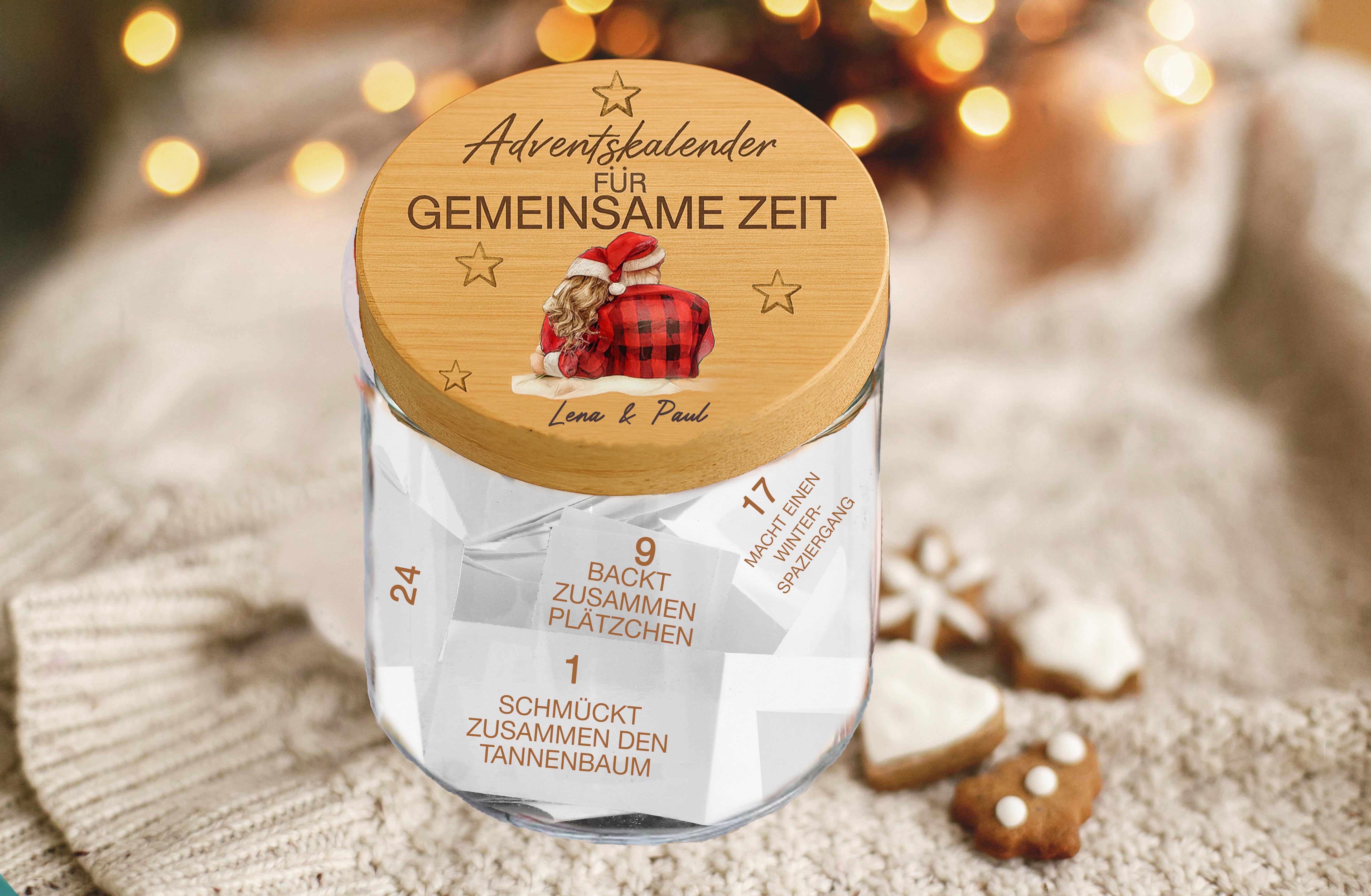 Adventskalender für Paare im Glas mit personalisiertem Deckel und DIY-Zetteln für gemeinsame Zeit zu Weihnachten