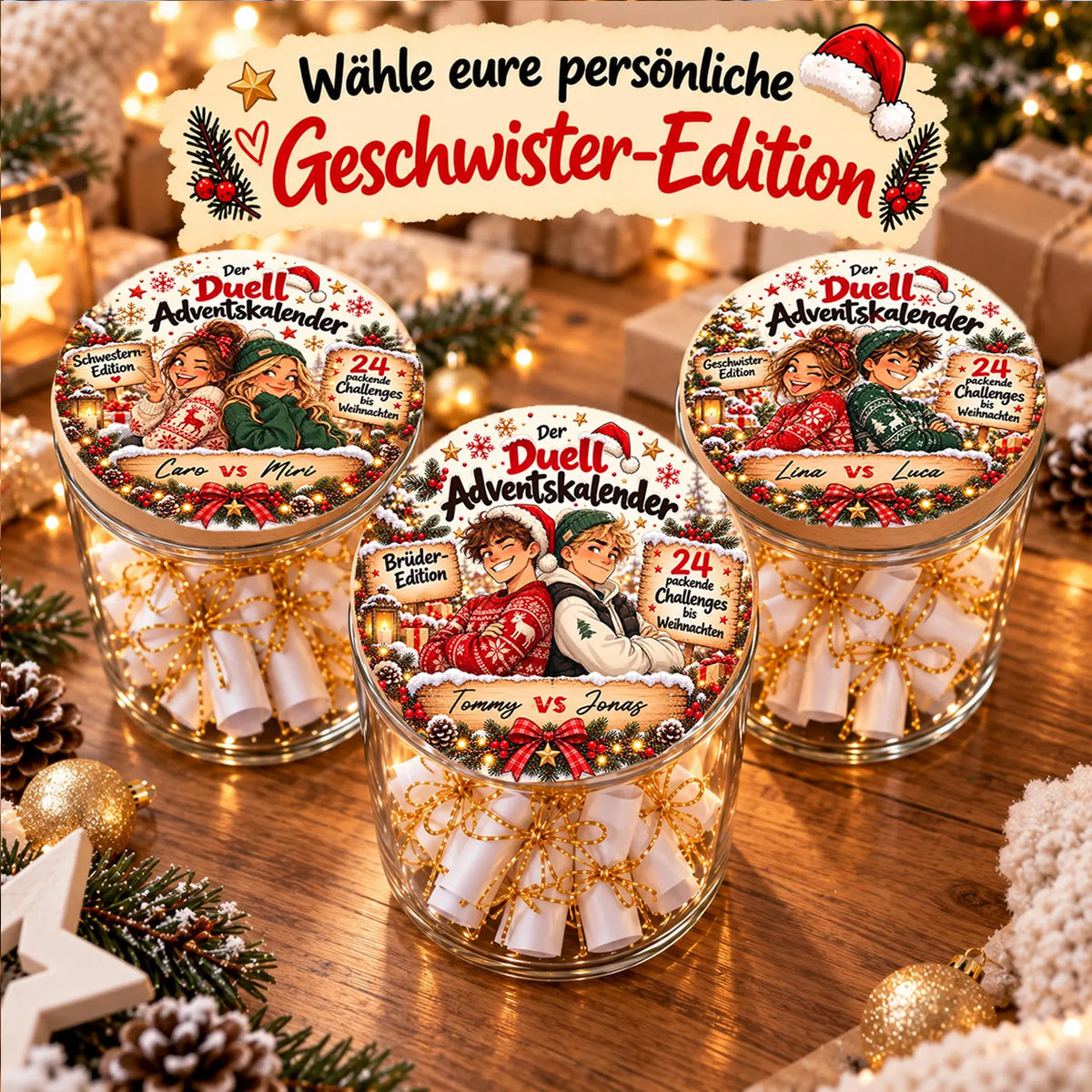 Drei personalisierte Adventskalender für Geschwister mit 24 Challenges als Schwestern-, Brüder- und gemischte Edition.