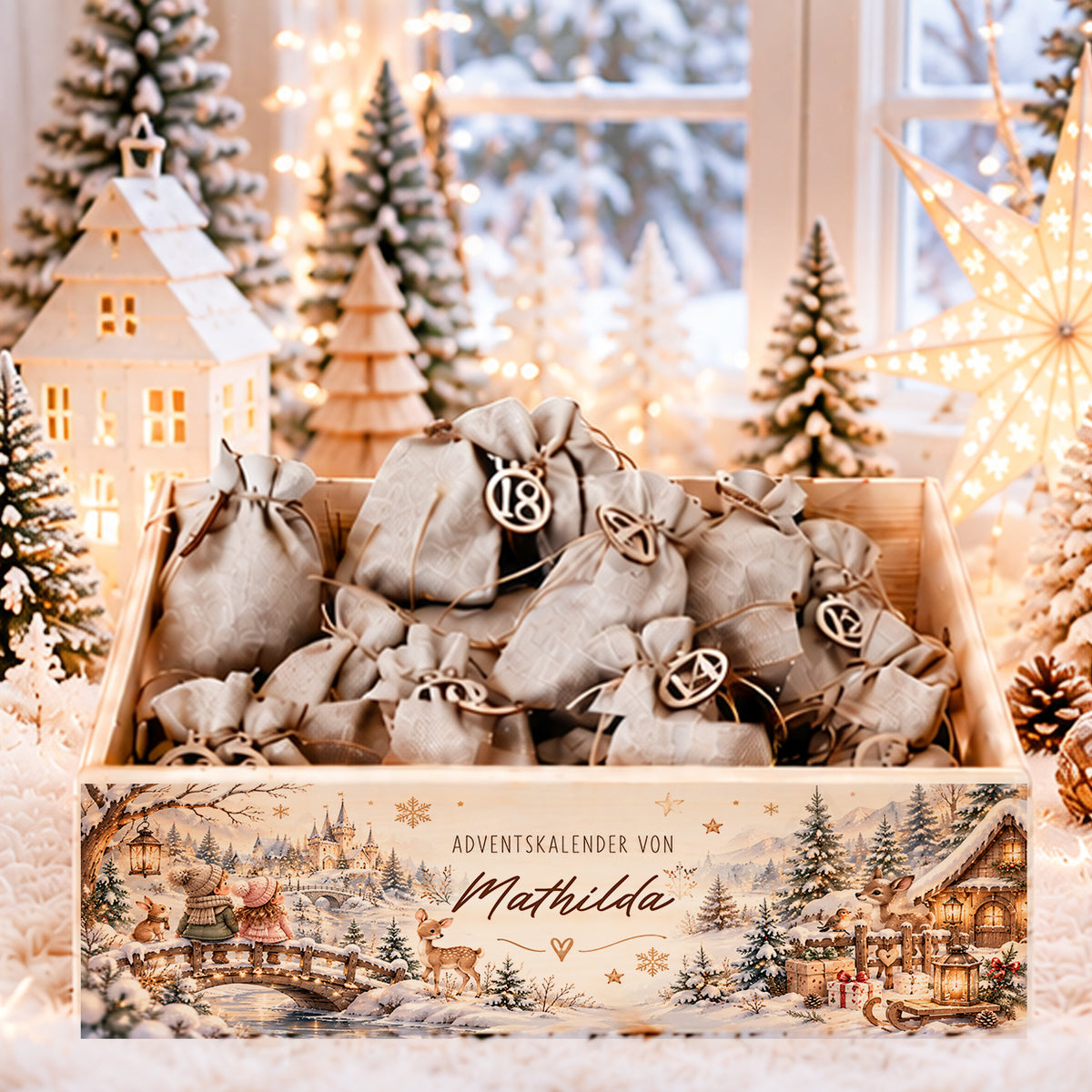 Personalisierter Adventskalender aus Holz mit Namen, märchenhafter Winterlandschaft, Kindern auf einer Brücke, Rehkitzen und verschneitem Schloss.