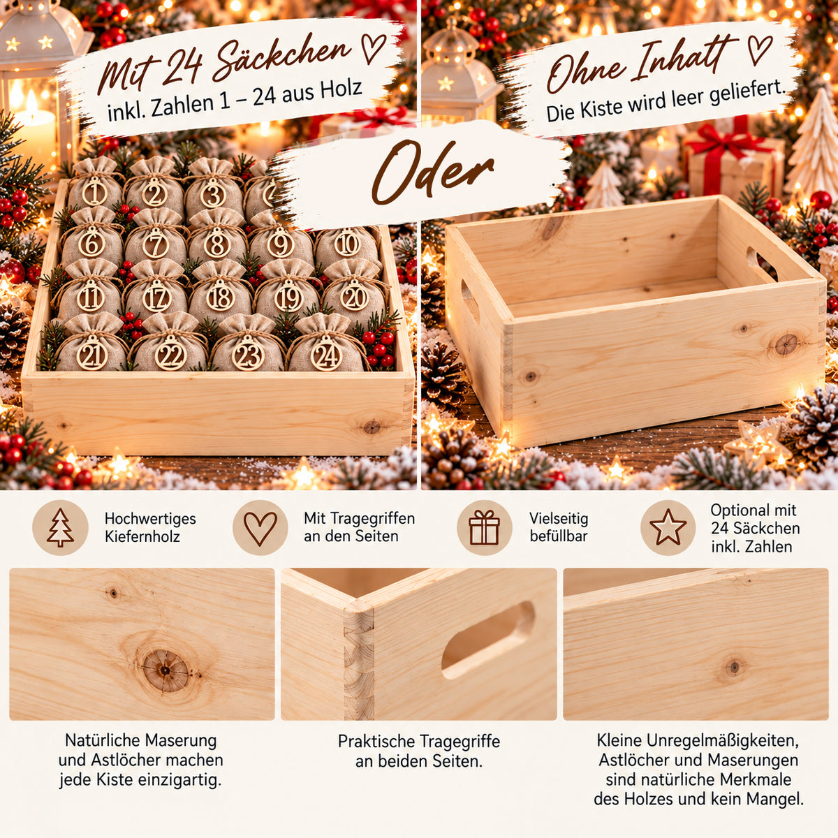 Adventskalender aus Holz für Erwachsene personalisiert – Adventskiste mit Namen zum Befüllen