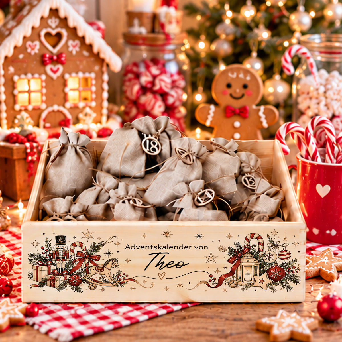 Personalisierte Adventskalender-Holzkiste aus Naturholz mit Namen, Nussknacker, Schaukelpferd und klassischem Weihnachtsmotiv, dekoriert mit 24 Adventssäckchen.