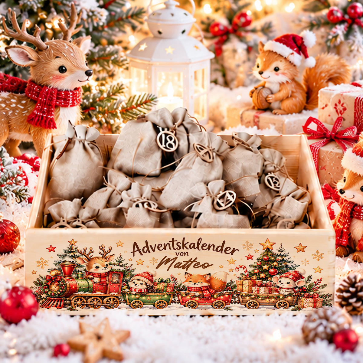 Personalisierter Adventskalender aus Holz für Kinder mit Namen, buntem Weihnachtszug, Waldtieren und Jutesäckchen mit Holzzahlen