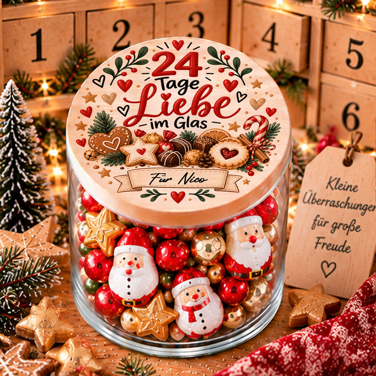 Personalisierter Adventskalender 24 Tage Liebe im Glas mit Wunschname