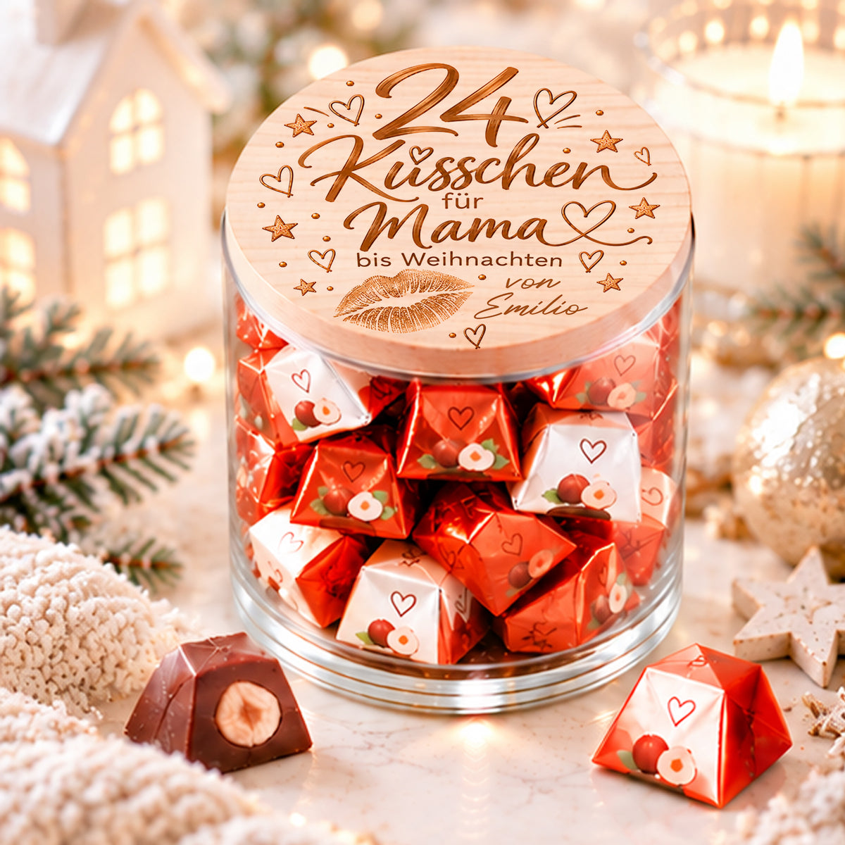Personalisierter Adventskalender für Mama mit 24 Küsschen bis Weihnachten und Widmung