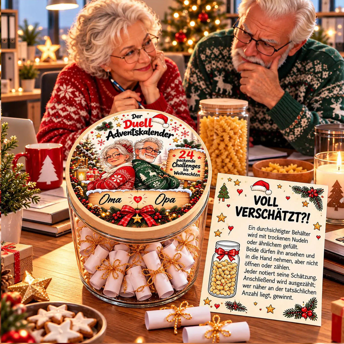 Personalisierter Adventskalender für Oma und Opa mit 24 Challenges im Glas, Weihnachtsmotiv und Beispiel-Spielkarte.