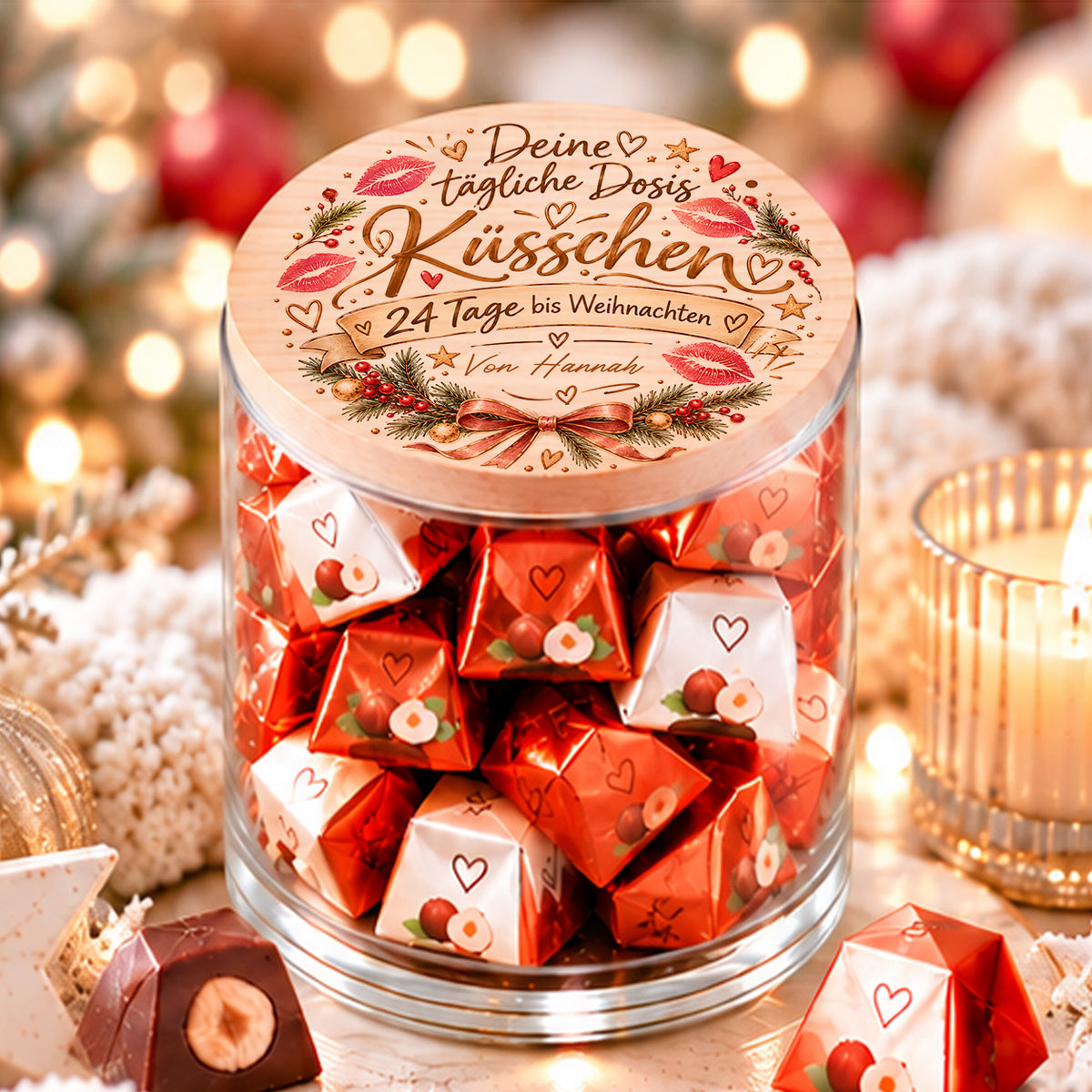 Personalisierter Adventskalender Deine tägliche Dosis Küsschen mit Holzdeckel und Schokoladenküssen