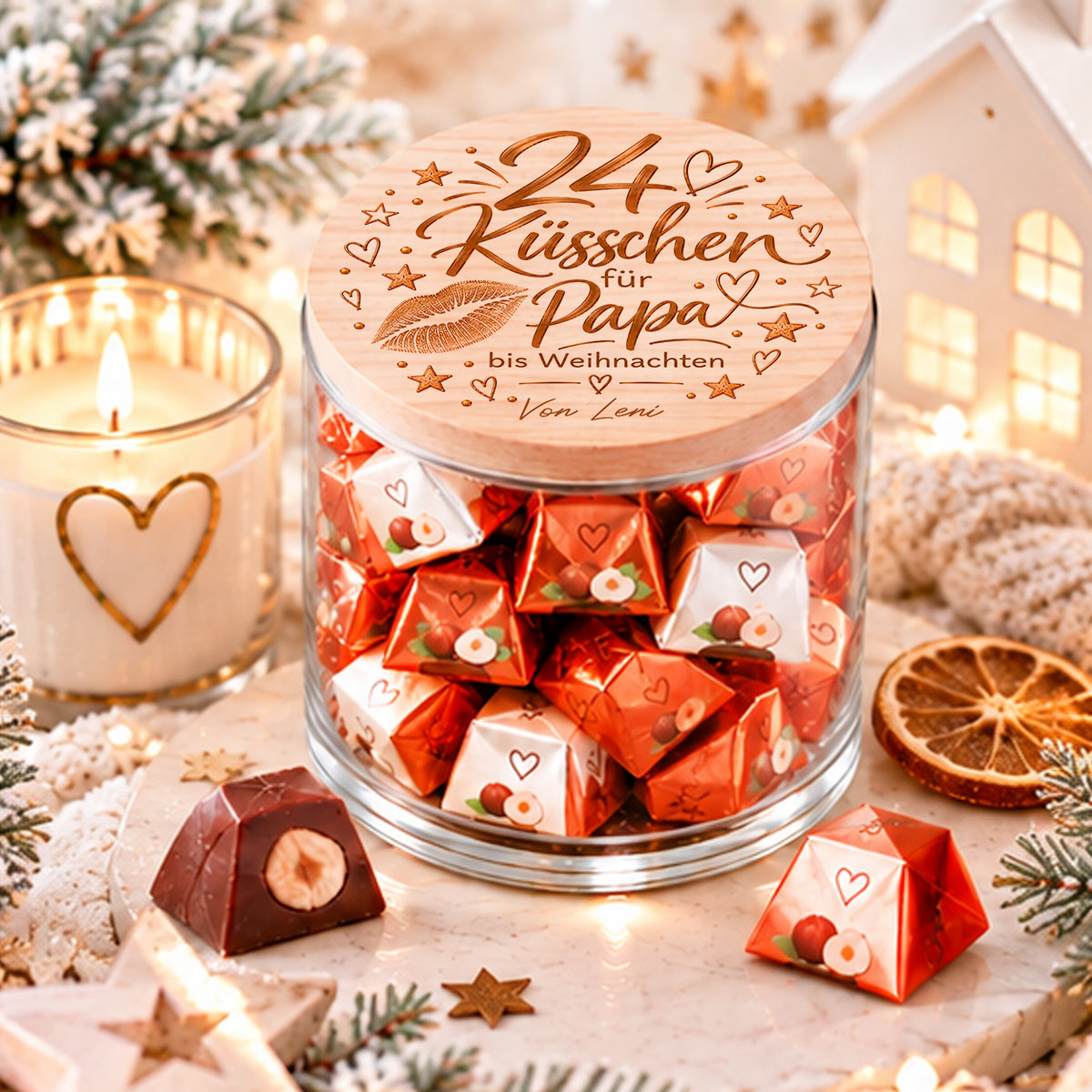 Personalisierter Adventskalender für Papa mit 24 Küsschen bis Weihnachten und Widmung