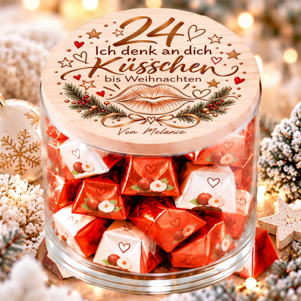 Personalisierter Adventskalender Ich denk an dich mit 24 Küsschen im Glas und Holzdeckel