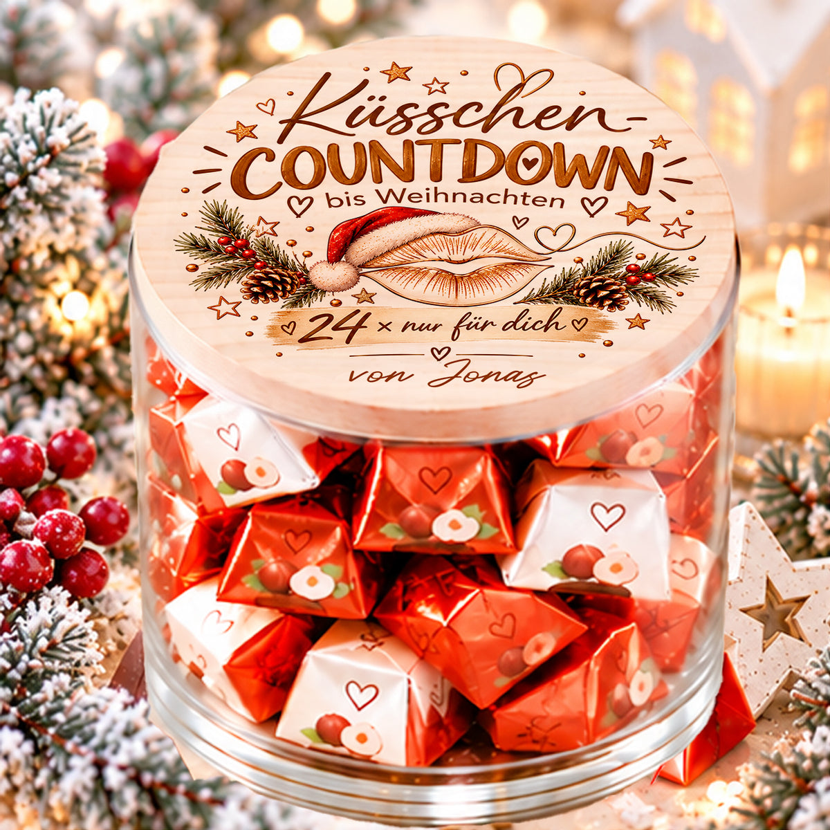 Küsschen Countdown Adventskalender im Glas mit personalisiertem Holzdeckel und Weihnachtsmotiv
