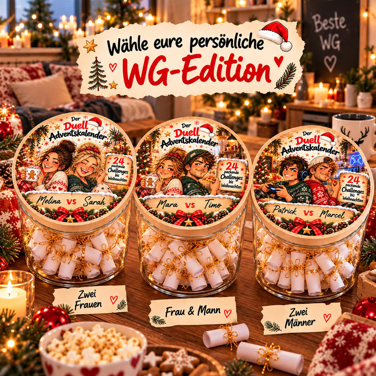 Drei personalisierte WG-Adventskalender im Glas für zwei Frauen, Frau und Mann oder zwei Männer