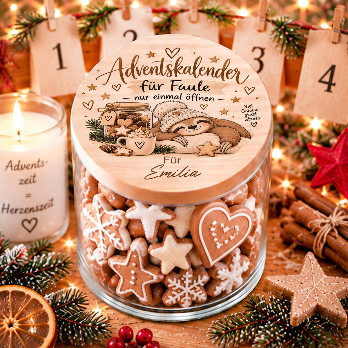Personalisierter Adventskalender für Faule mit Faultier und Name