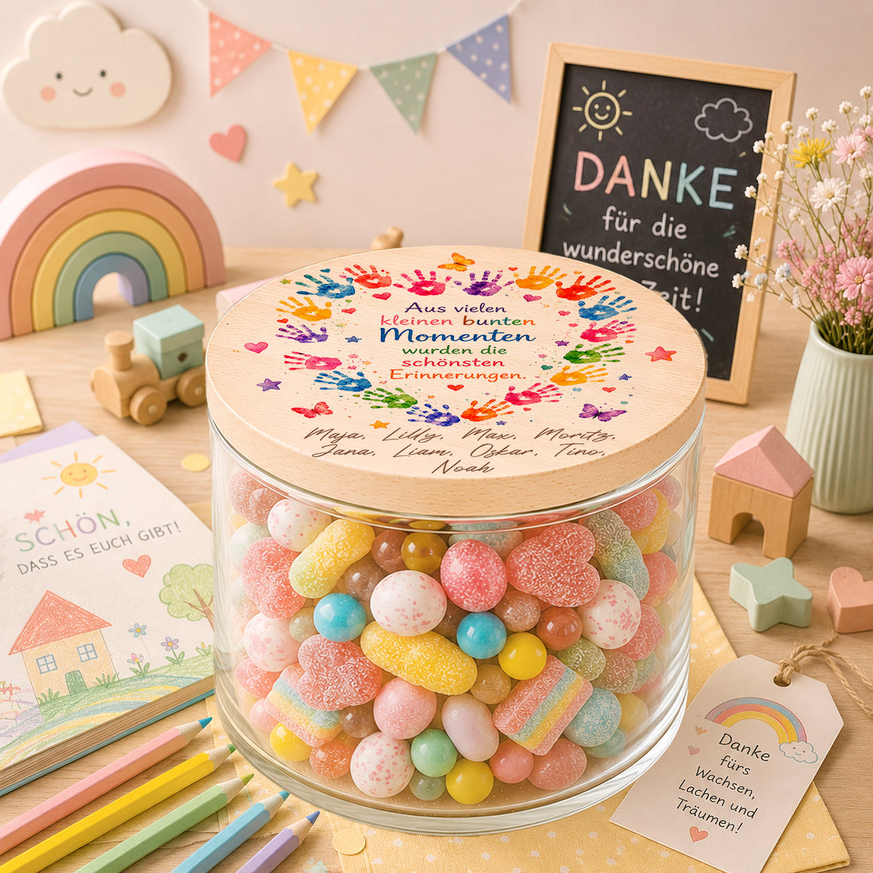 Personalisiertes Bonbonglas mit Herz aus bunten Handabdrücken und Kindernamen als Kita Abschiedsgeschenk für Erzieherinnen, gefüllt mit bunten Süßigkeiten