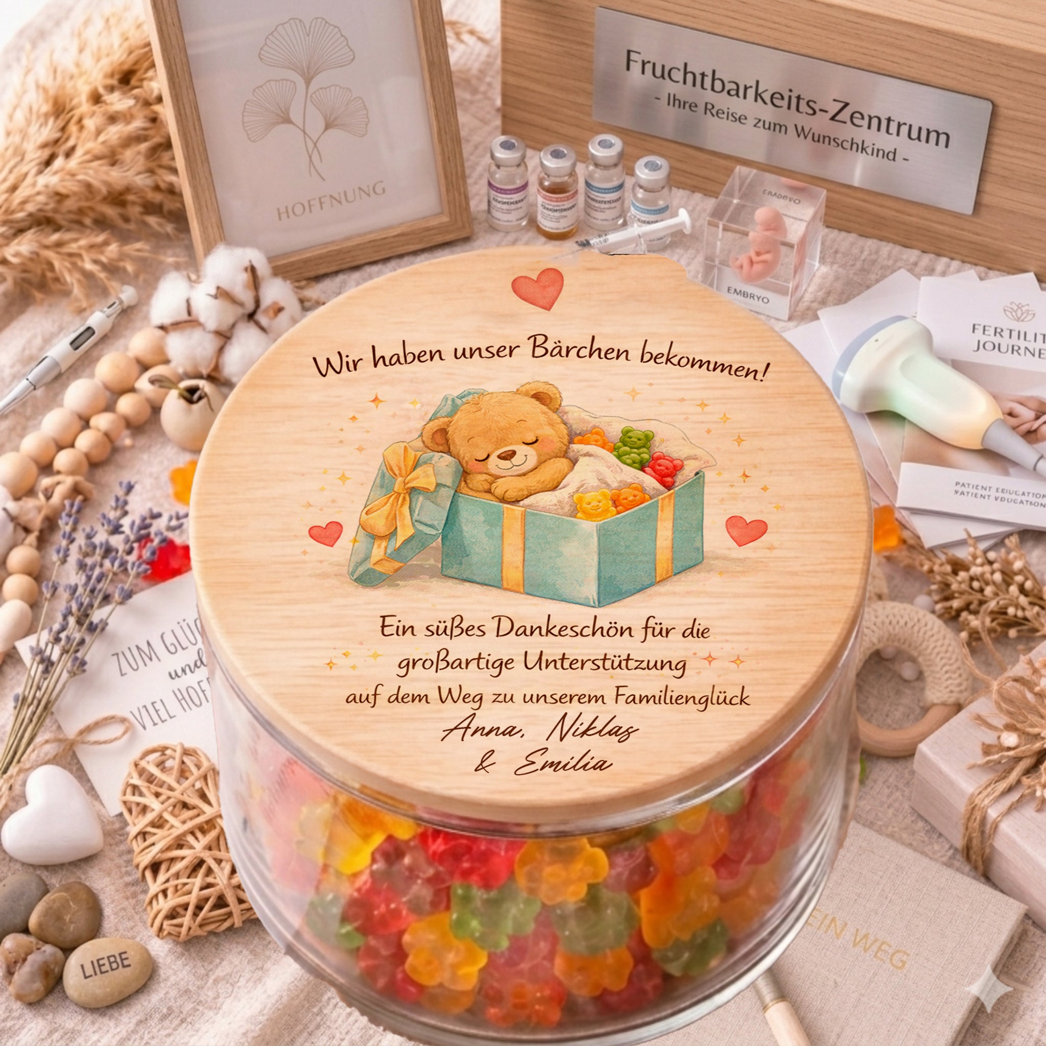 Danke Geschenk Kinderwunschklinik Vorratsglas personalisiert mit Bärchen im Geschenk als emotionales Dankeschön nach Kinderwunsch Behandlung