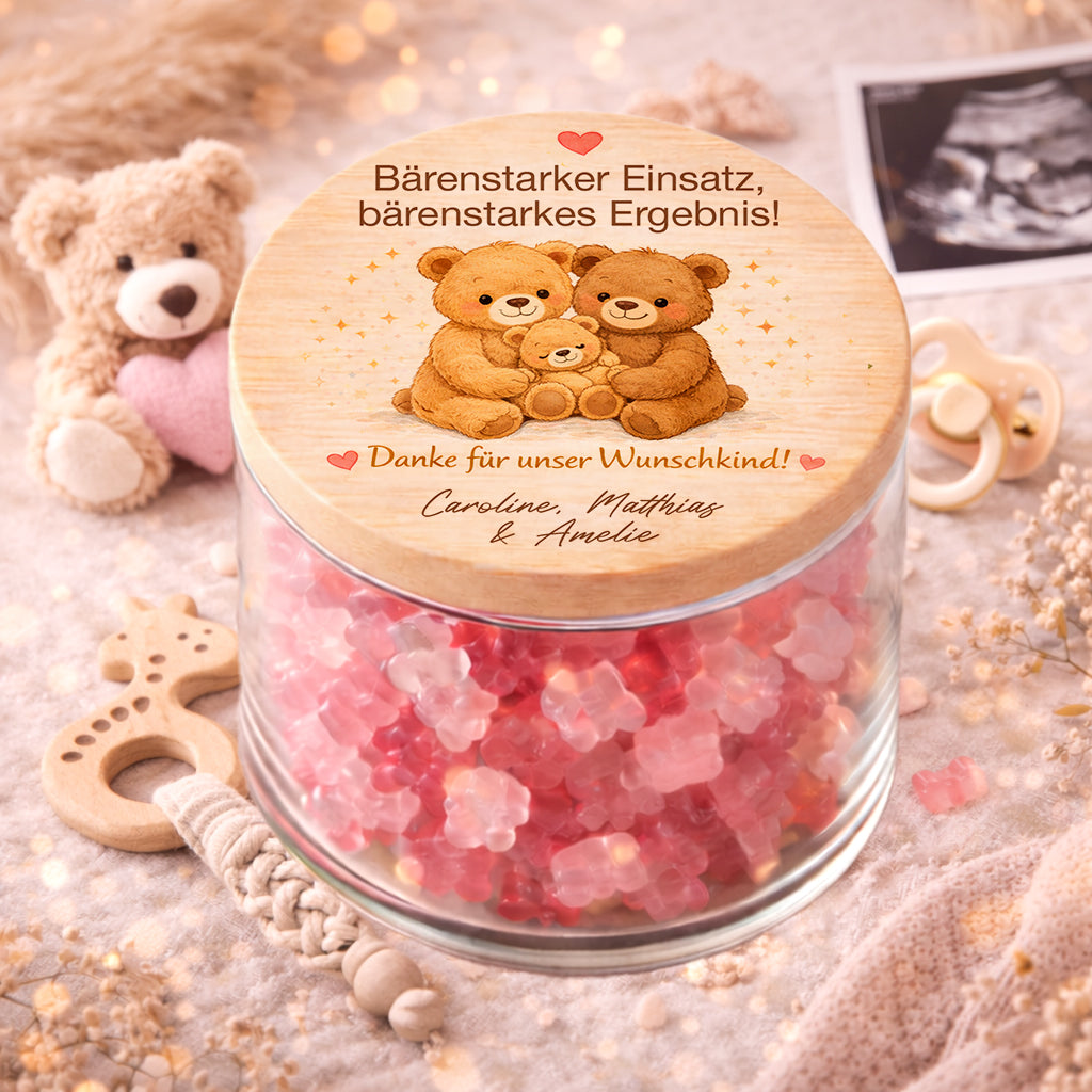 Danke Geschenk Kinderwunschklinik Vorratsglas personalisiert mit Bärchen Motiv und Wunschkind Spruch als emotionales Dankeschön nach Kinderwunsch Behandlung