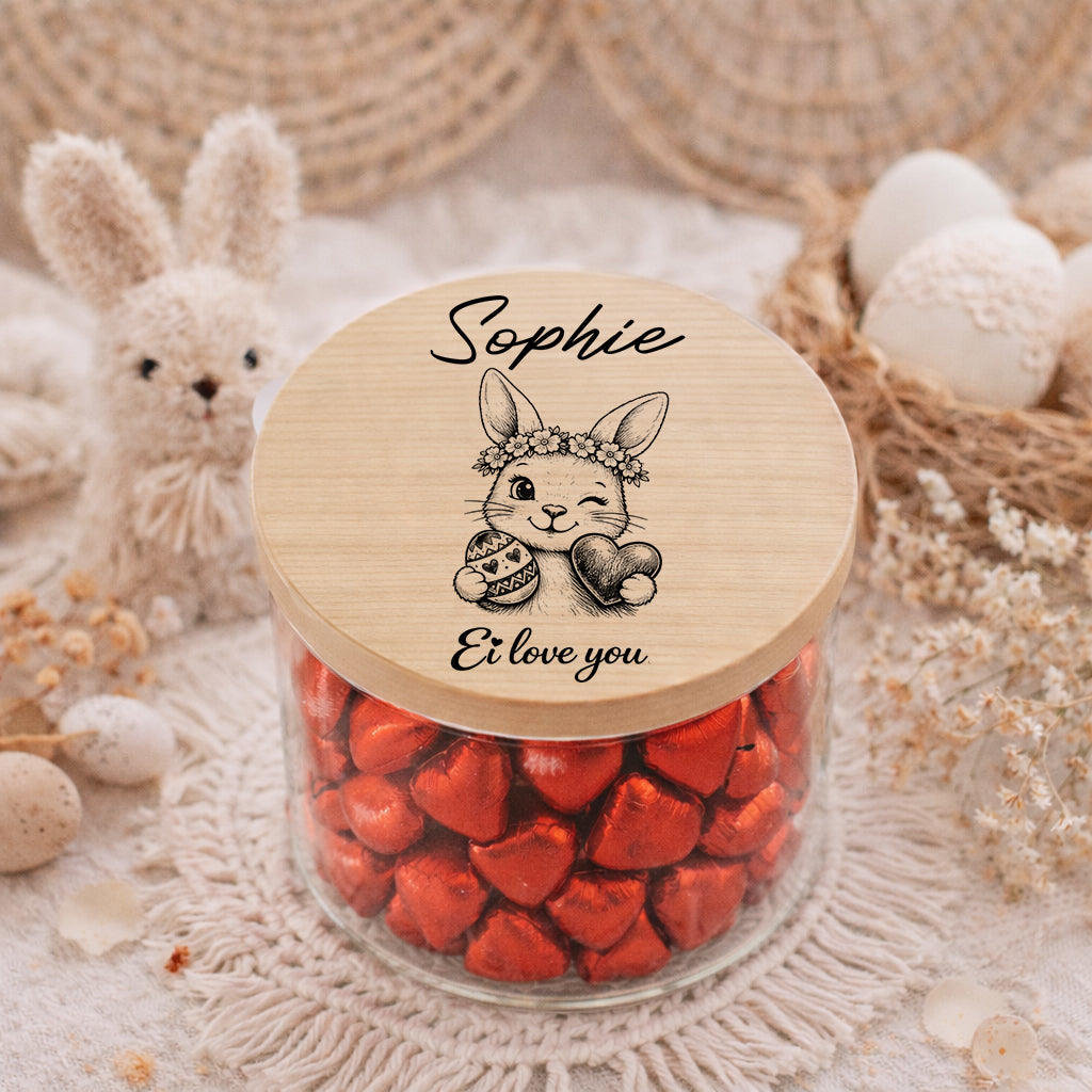 Glas mit Namen zu Ostern mit süßem Hasenmotiv