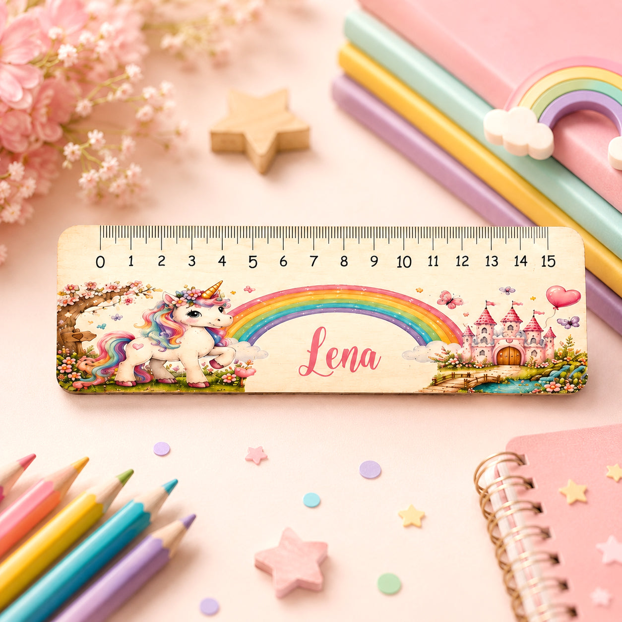 Personalisiertes Holzlineal mit Einhornmotiv und Namen. 18 cm langes Lineal mit 15 cm Skala als individuelles Schulzubehör und Geschenk zur Einschulung für Grundschulkinder.