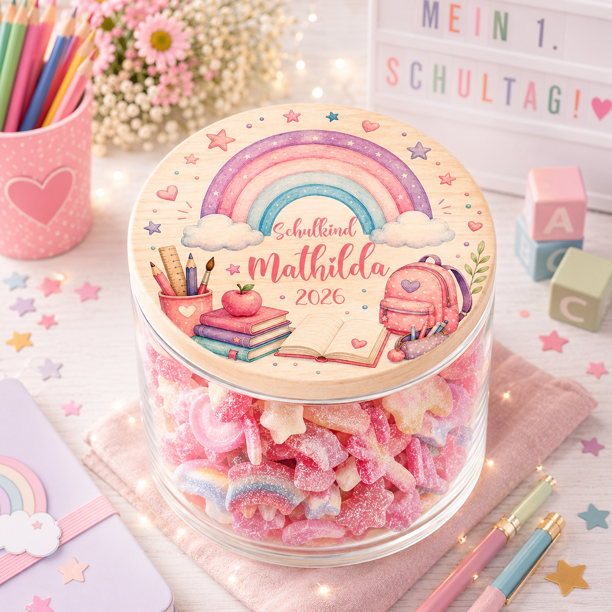 Personalisiertes Regenbogen Vorratsglas zur Einschulung mit Wunschname, Schulranzen, Büchern und hochwertigem Holzdeckel. Geschenk für Schulkind und Schulanfängerin.