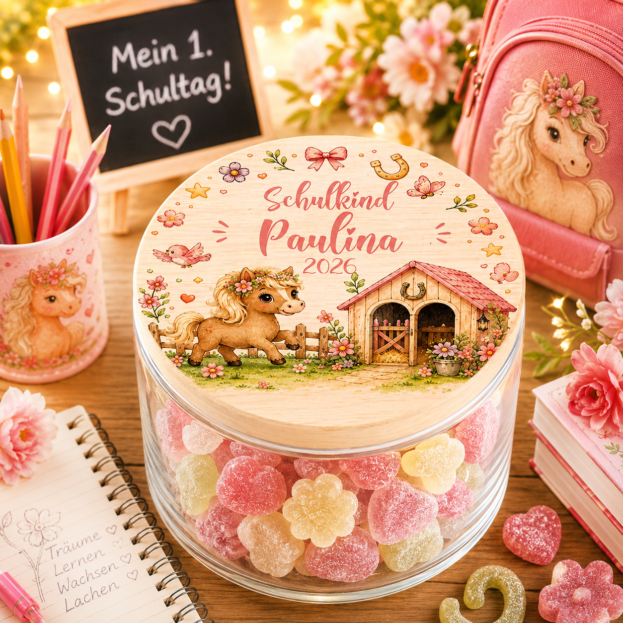 Personalisiertes Pferde Vorratsglas zur Einschulung mit Pony, Pferdestall und Wunschname auf hochwertigem Holzdeckel. Geschenk für Schulkind und Pferdefans.