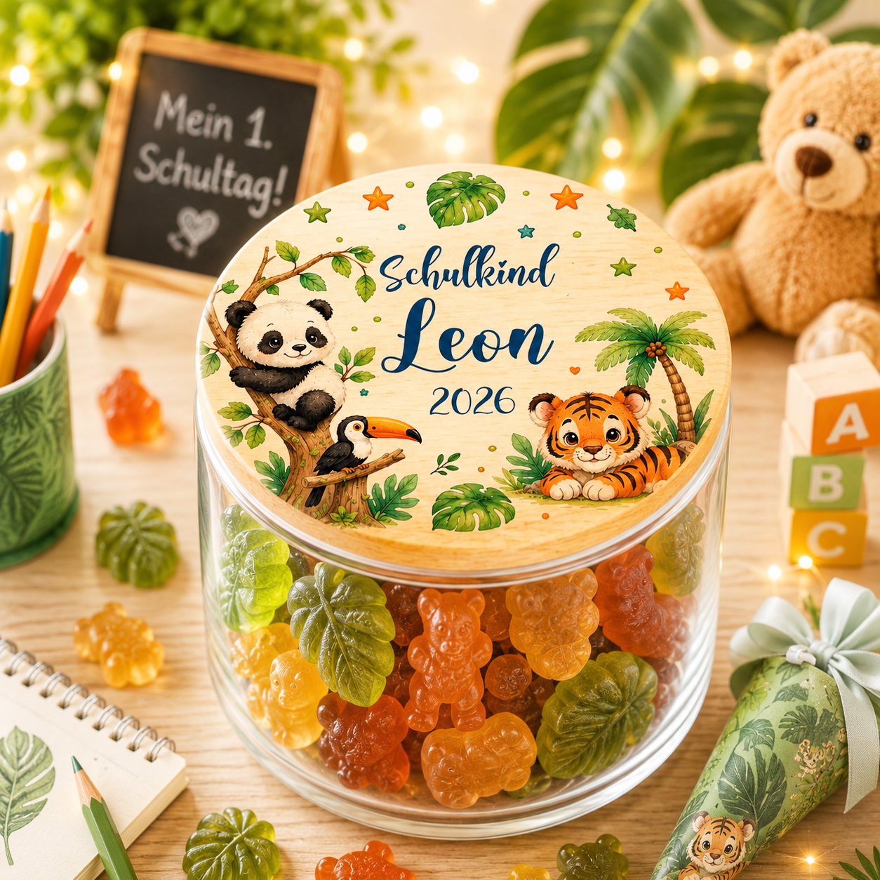 Personalisiertes Vorratsglas zur Einschulung mit Panda, Tiger und Tukan auf hochwertigem Holzdeckel. Geschenk für Schulkind mit Wunschname zum Schulanfang.