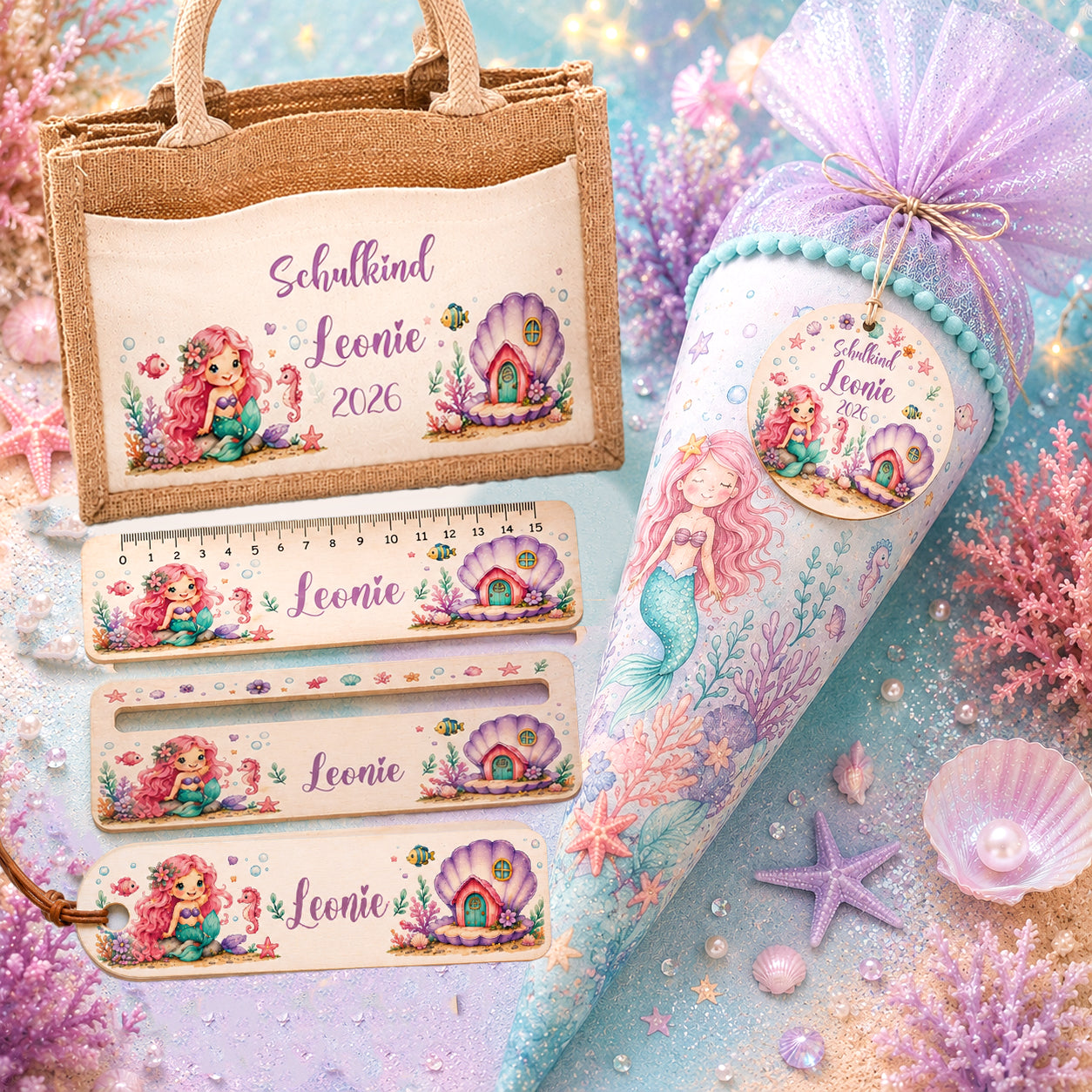 Personalisiertes Einschulungs-Set Meerjungfrau mit Name bestehend aus Lesehilfe, Holzlineal, Lesezeichen, Schultütenanhänger und Jutetasche. Geschenk zur Einschulung für Mädchen. Schultüte nicht im Lieferumfang enthalten.