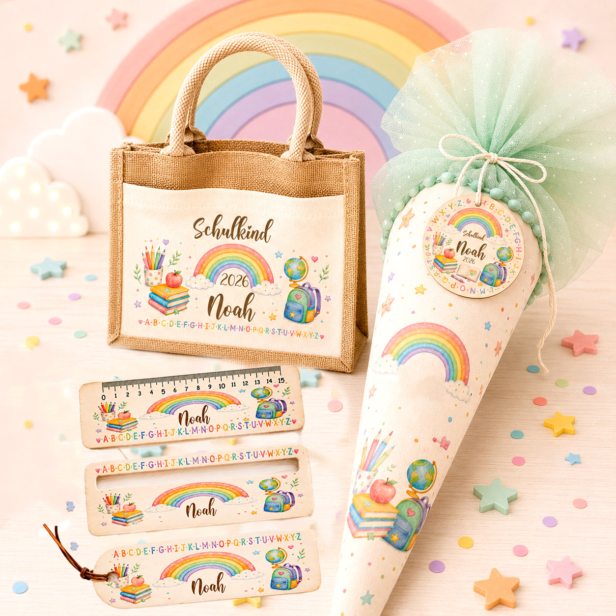 Personalisiertes Einschulungs-Set Regenbogen mit Name bestehend aus Jutetasche, Lesehilfe, Holzlineal, Lesezeichen und Schultütenanhänger. Geschenk zur Einschulung für Mädchen und Jungen. Schultüte nicht im Lieferumfang enthalten.