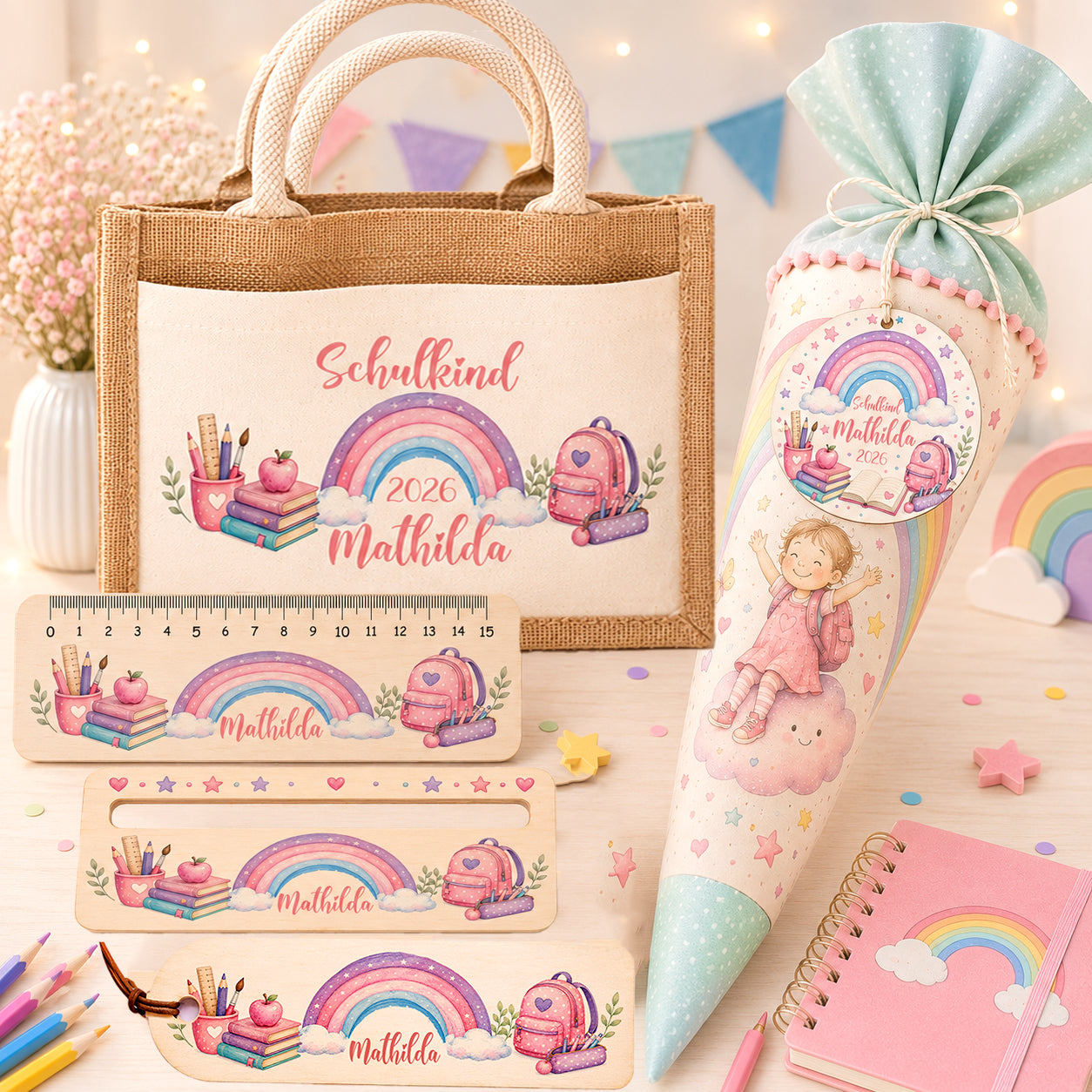 Personalisiertes Einschulungs-Set Regenbogen Rosa mit Name bestehend aus Jutetasche, Lesehilfe, Holzlineal, Lesezeichen und Schultütenanhänger. Geschenk zur Einschulung für Mädchen. Schultüte nicht im Lieferumfang enthalten.