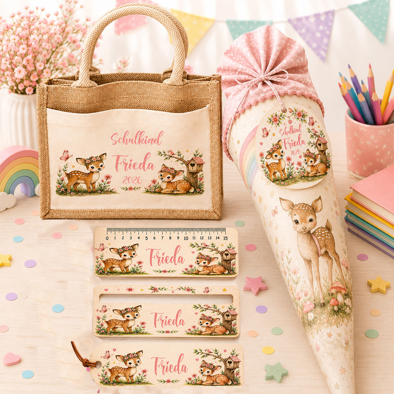 Personalisiertes Einschulungs-Set mit Reh-Motiv für Mädchen. Jutetasche, Lesehilfe, Holzlineal, Holz-Lesezeichen und Schultütenanhänger mit Wunschname. Geschenk zur Einschulung. Schultüte nicht im Lieferumfang enthalten.