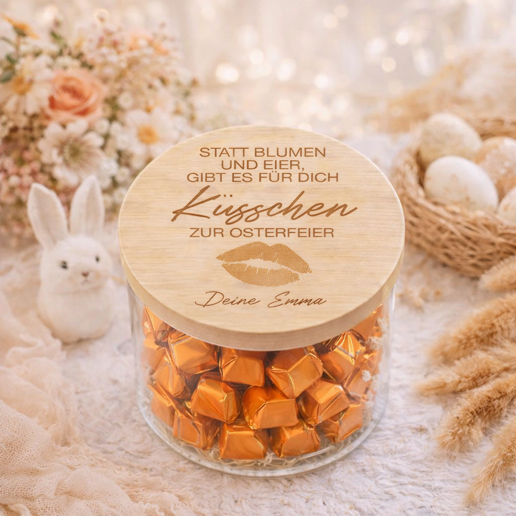 Ostergeschenk personalisiert Küsschen vom Osterhasen Vorratsglas Ostern Geschenk zu Ostern für Freundin Frau oder Mama Ferrero Küsschen Glas
