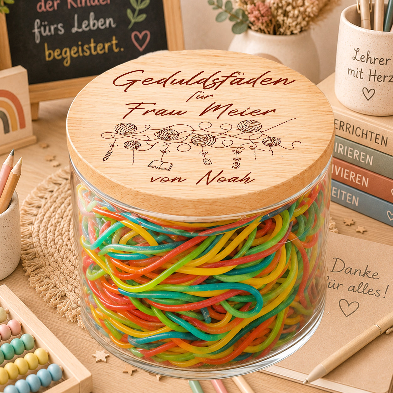 Personalisiertes Lehrer Geschenk mit Geduldsfäden im Vorratsglas als lustiges Abschiedsgeschenk für Lehrer und Lehrerinnen