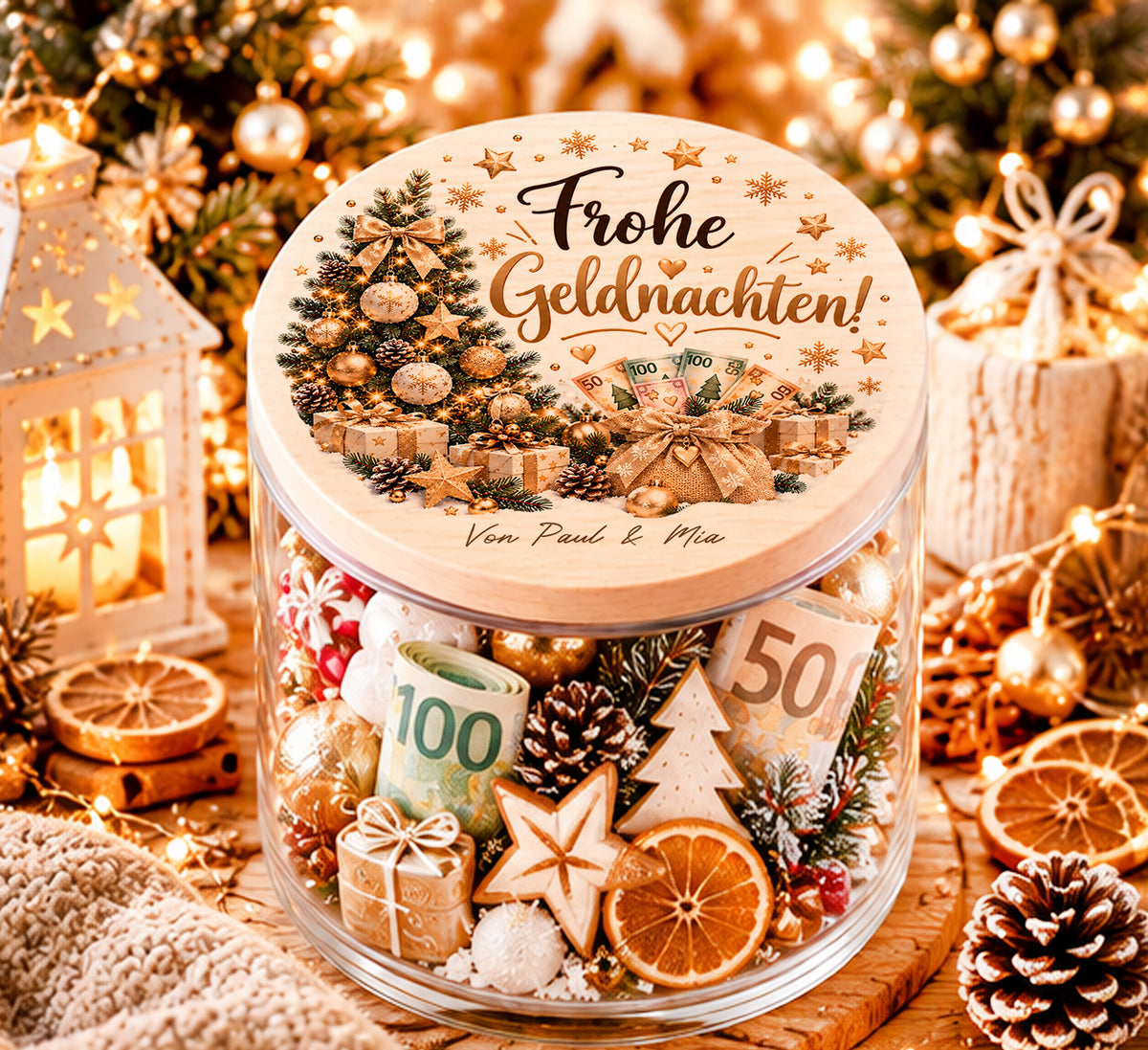 Personalisiertes Geldgeschenk zu Weihnachten im Glas mit Spruch Frohe Geldnachten und festlichem Weihnachtsbaum