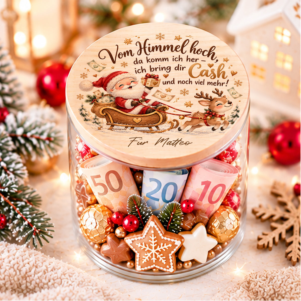 Personalisiertes Geldgeschenk zu Weihnachten im Glas mit Weihnachtsmann, Rentier und Spruch Vom Himmel hoch