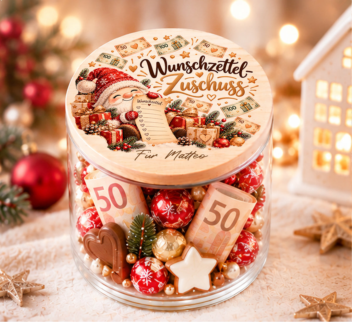 Personalisiertes Geldgeschenk zu Weihnachten im Glas mit Wunschzettel-Zuschuss und Weihnachtsmann