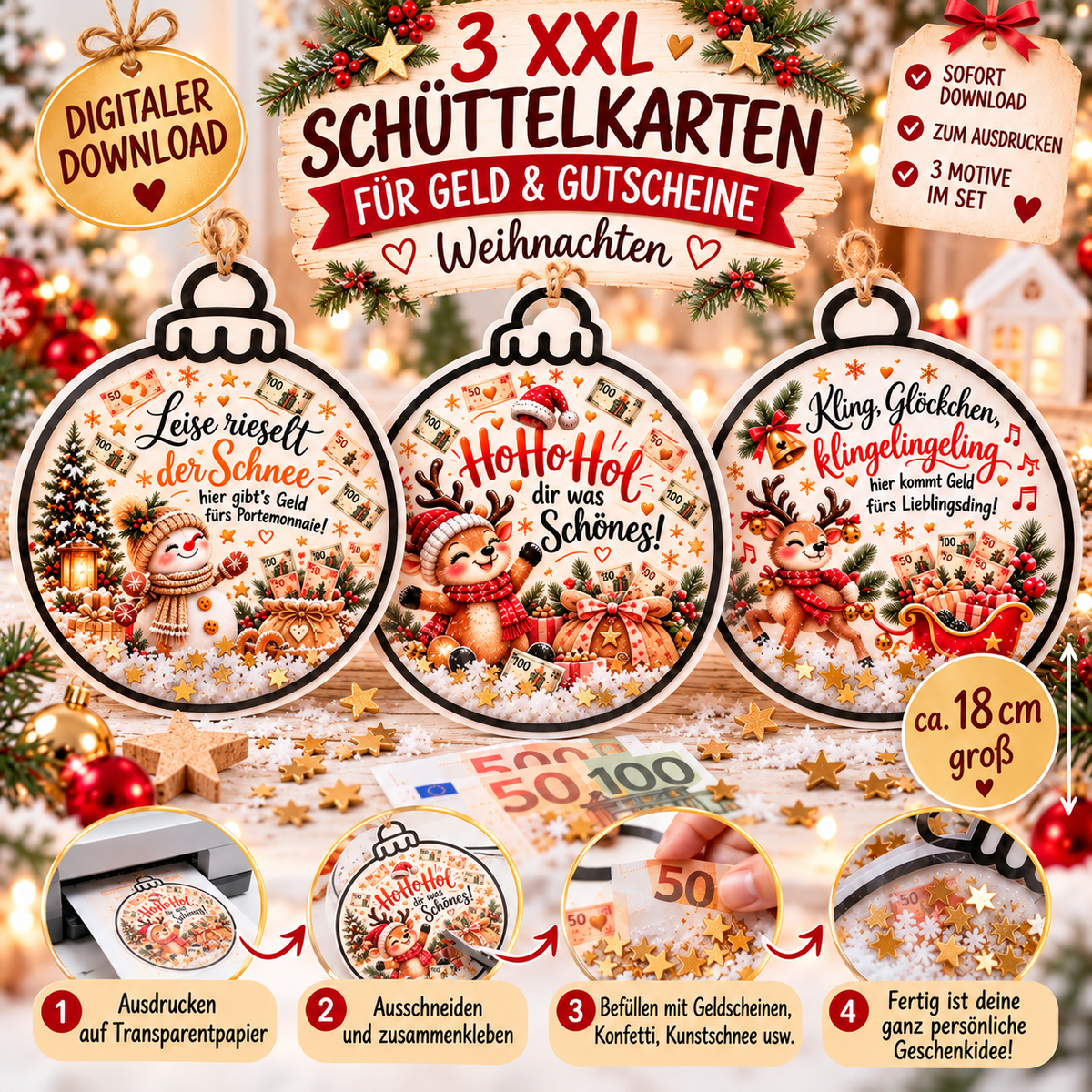 Drei XXL Weihnachts-Schüttelkarten als PDF-Vorlage zum Basteln von Geldgeschenken und Gutscheinen