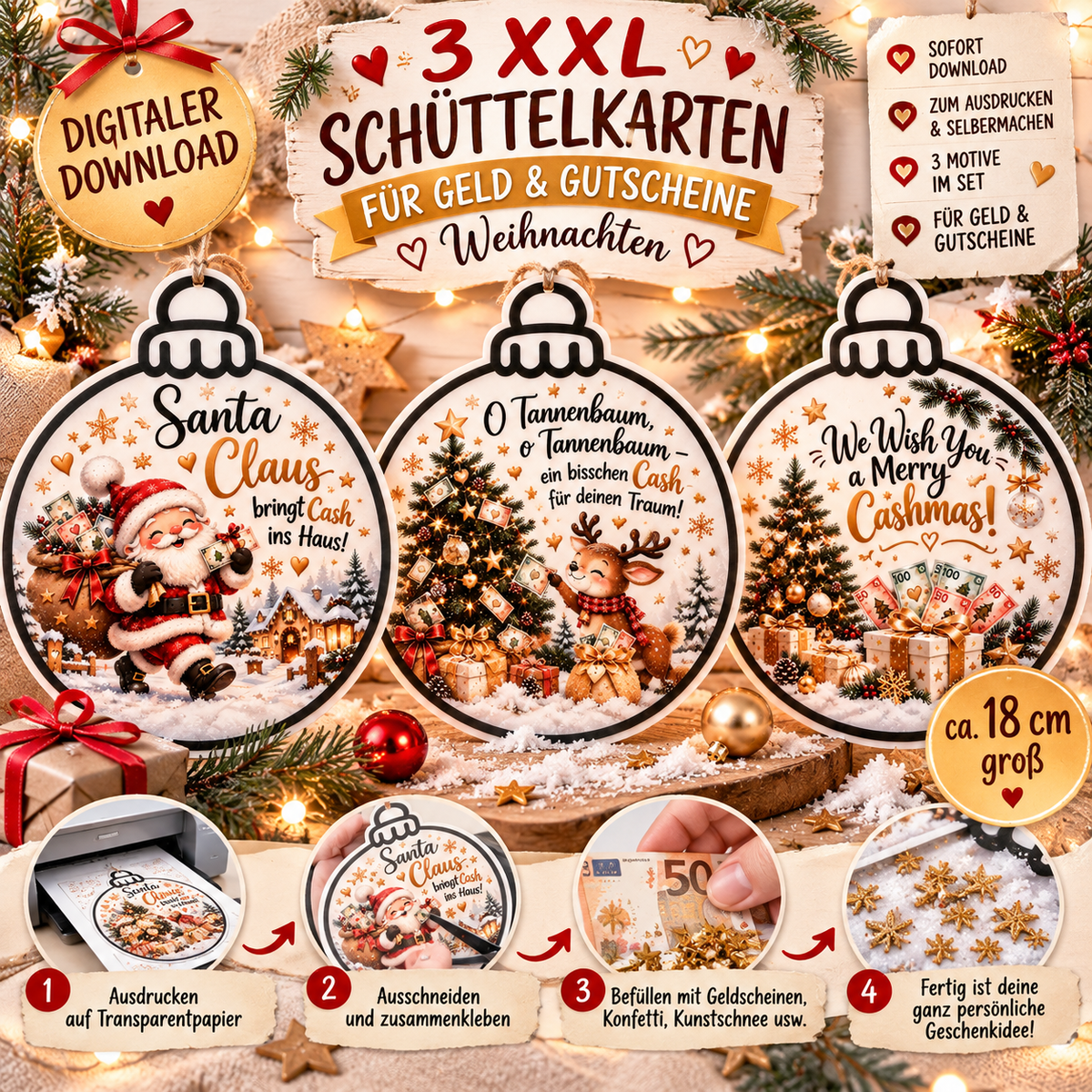 Drei digitale Weihnachtskugel-Vorlagen zum Basteln von Geldgeschenken