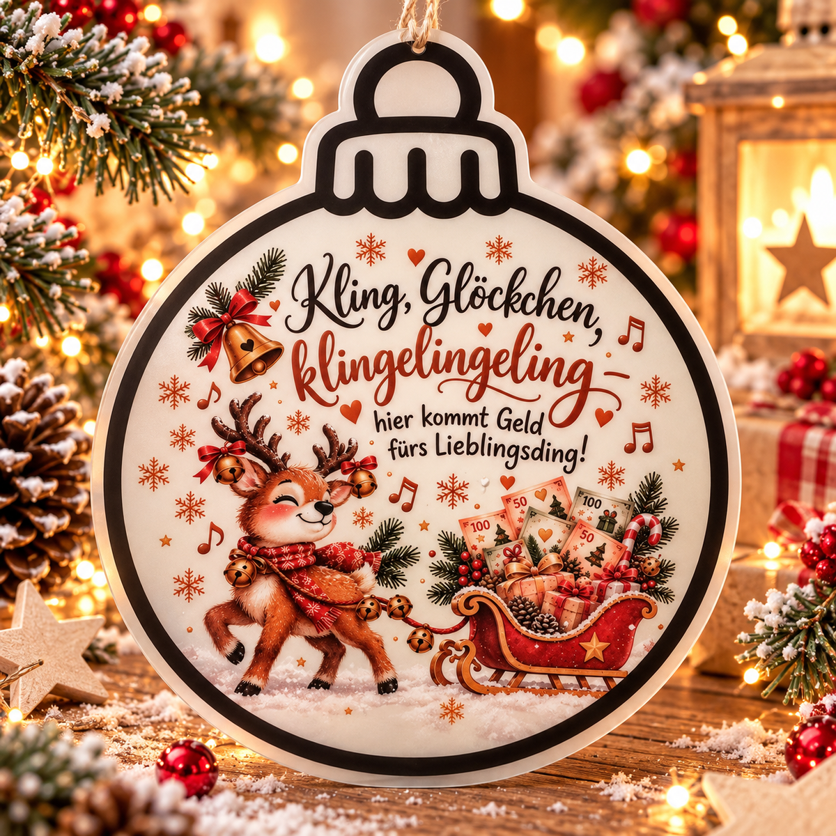Geldgeschenk zu Weihnachten mit Rentier und Spruch Kling Glöckchen klingelingeling