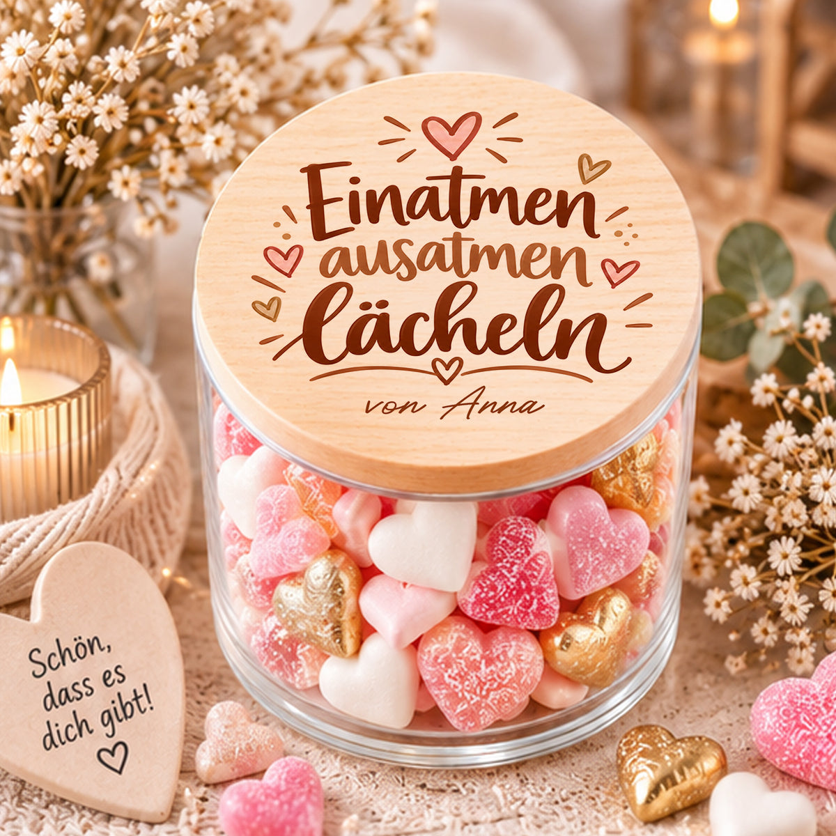 Personalisiertes Vorratsglas mit Holzdeckel und Spruch Einatmen ausatmen lächeln, von Anna, mit rosa und weißen Herzsüßigkeiten