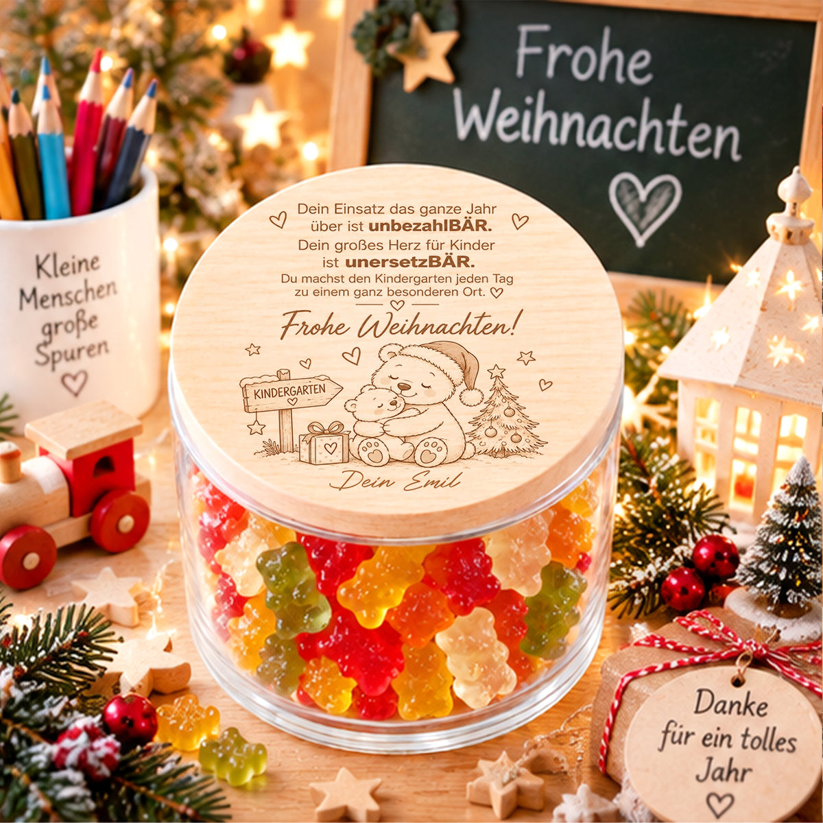 Personalisiertes Geschenk für Erzieherin zu Weihnachten mit Bärenmotiv und Name des Kindes