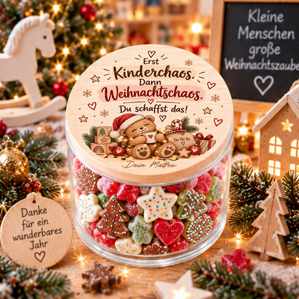 Lustiges Weihnachtsgeschenk für Erzieherin im Kindergarten mit Kinderchaos-Spruch und Namen