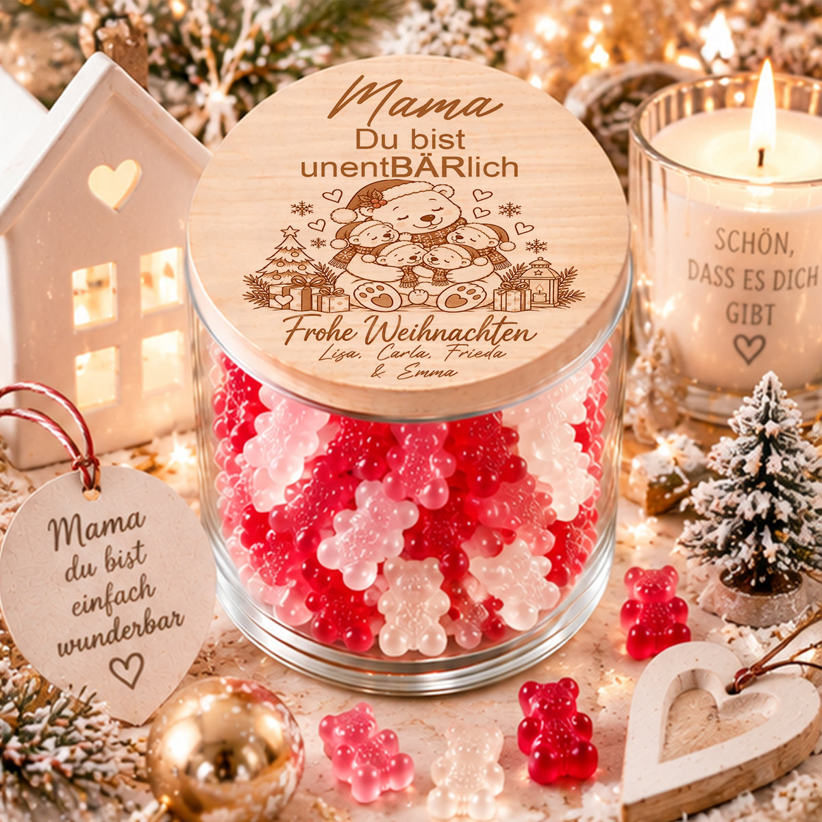 Personalisiertes Weihnachtsgeschenk für Mama von vier Kindern mit Mama-Bär und vier Bärenkindern