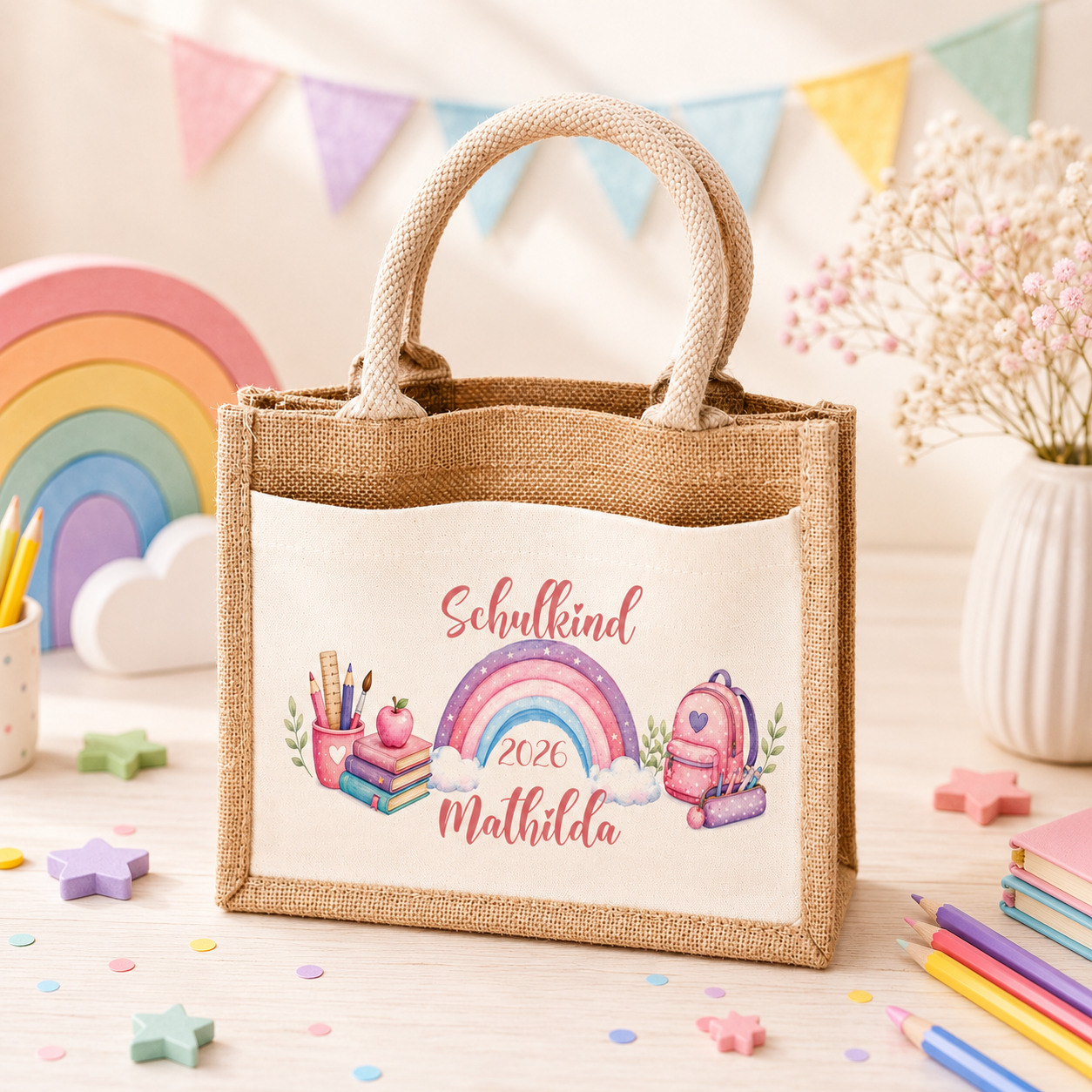 Personalisierte Jutetasche mit rosa Regenbogen und Name für die Einschulung. Hochwertige Tasche als Geschenk für Schulanfängerinnen und den ersten Schultag.