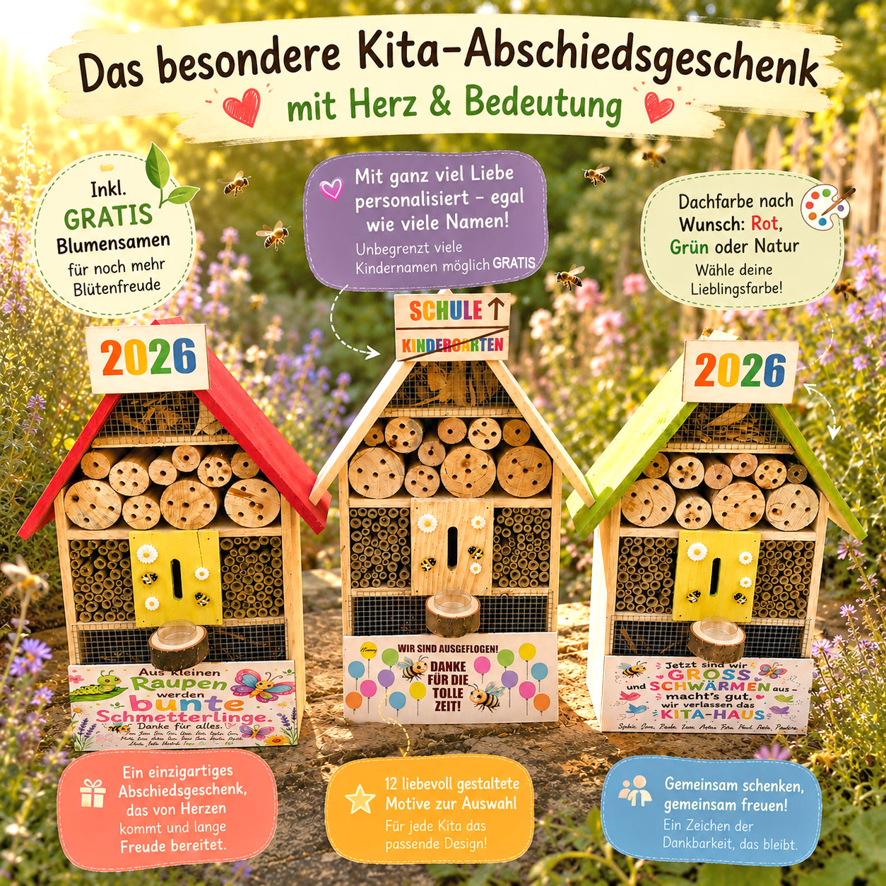 Personalisiertes Insektenhotel Kita Abschied – Erinnerungsgeschenk mit Namen der Kinder