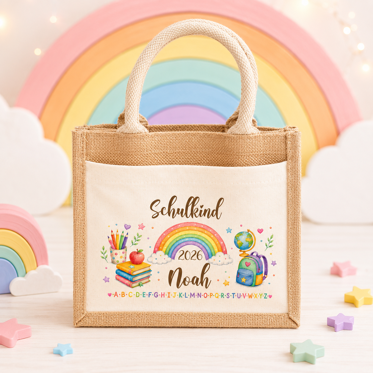 Personalisierte Jutetasche mit Regenbogen und Name für die Einschulung. Hochwertige Tasche für Schulanfänger als Geschenk zum ersten Schultag für Mädchen und Jungen.